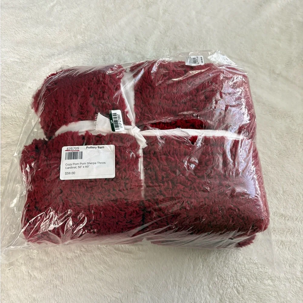 Pottery Barn Cozy Pom Pom Sherpa Throw, NWT Color Cardinal